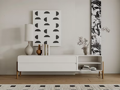 Modern White TV Stand Interior Design With Wooden Legs Lamp Vase And Wall Art 3d model