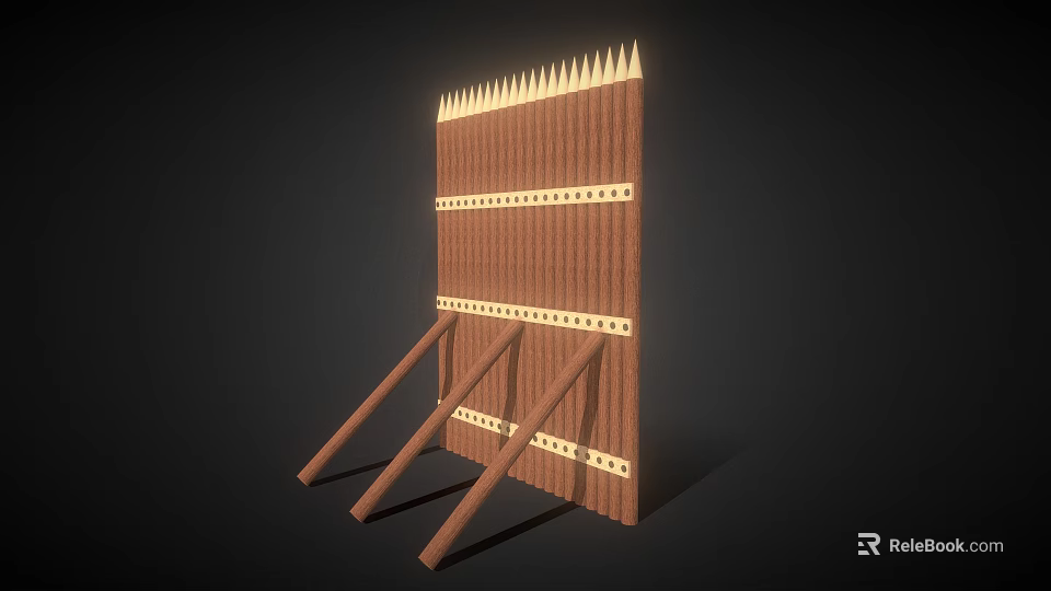 Medieval Wooden Defensive Barrier with Spiked Top Horizontal Straps and Supporting Braces 3d model 