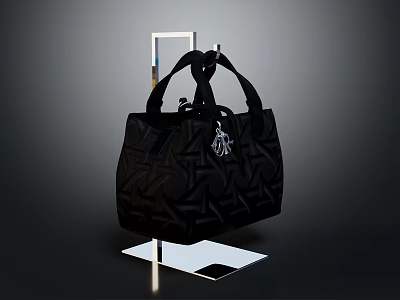 Black Quilted Handbag With Handles And Small Decorative Charm On Transparent Display Stand 3d model