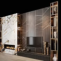 Modern TV Cabinet Design with Marble Wall Fireplace and Wooden Panel Decorative Elements 3d model