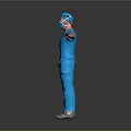 Game Or Movie Character In Blue Scrubs With Cap Mask Arms Outstretched Against Dark Background