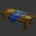 Wooden Board Game Table Setup With Blue Cloth Dice Cards Map And Colored Game Pieces