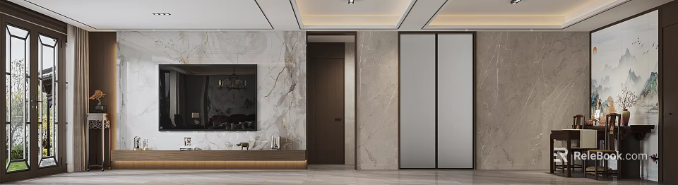 Modern Duplex Living Room Interior With Marble Wall And Wood Decor 3d model 