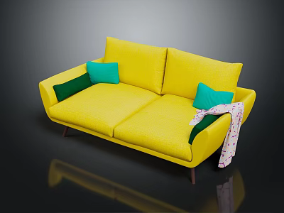 Modern Yellow Double Sofa With Green Cushions And Patterned Blanket On Armrest 3d model