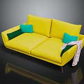 Modern Yellow Double Sofa With Green Cushions And Patterned Blanket On Armrest