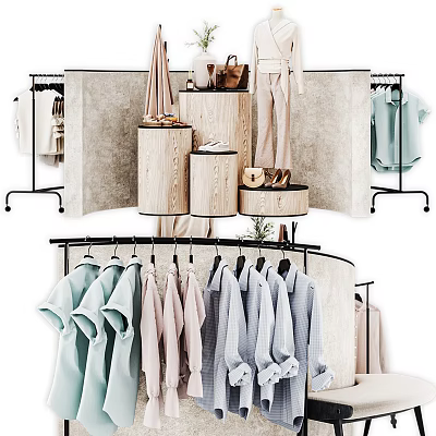 Stylish Clothing Display With Hanging Garments Wooden Stands And Accessories 3d model