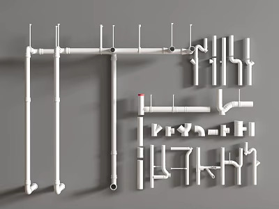 White Plumbing Pipes and Different Types of Fittings Arranged on Gray Background 3d model