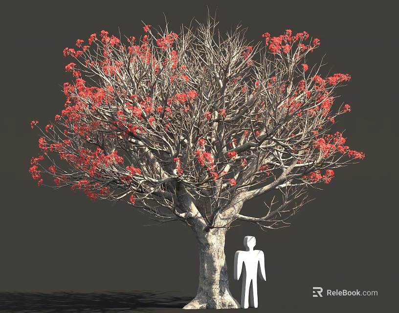 Large Tree With Red Flowers And Thick Trunk Next To White Human Figure 3d model 