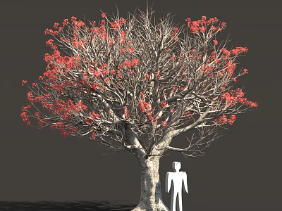Large Tree With Red Flowers And Thick Trunk Next To White Human Figure 3d model