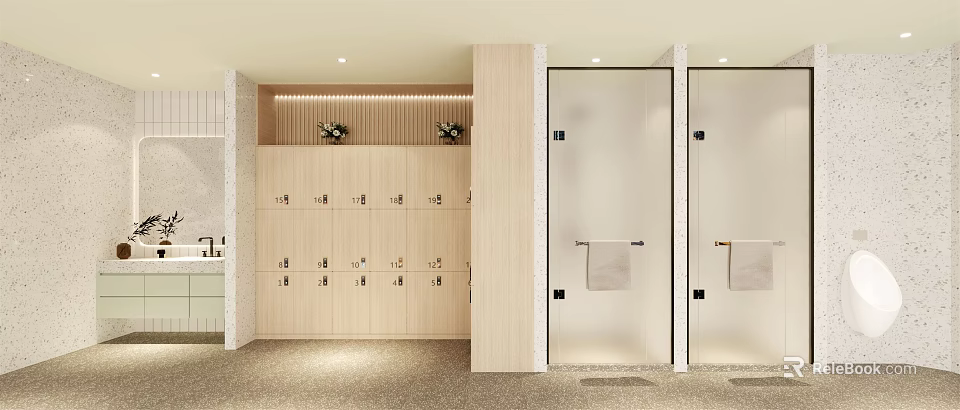 Modern Locker Room Interior With Wooden Lockers Glass Partitions And Towel Racks 3d model 