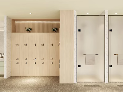 Modern Locker Room Interior With Wooden Lockers Glass Partitions And Towel Racks 3d model