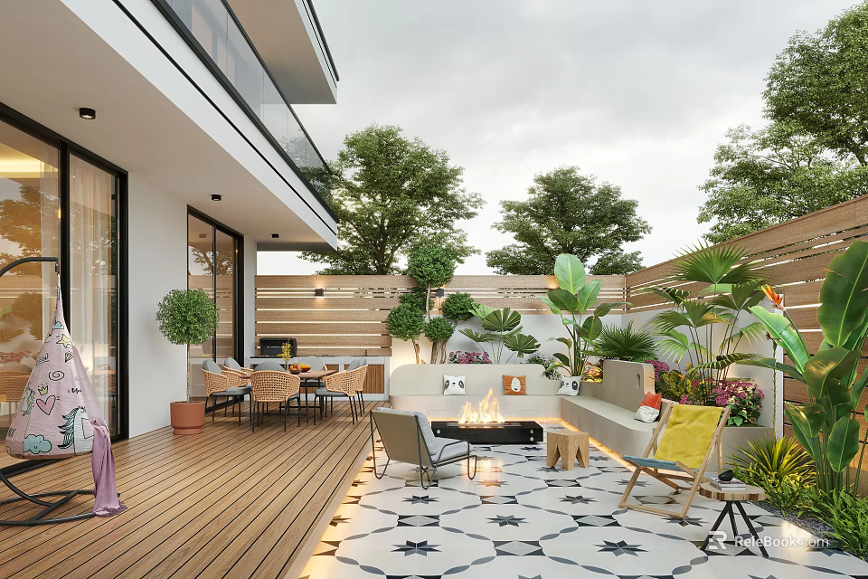 Outdoor Garden Space With Wooden Deck Plants Fire Pit And Seating Furniture 3d model 