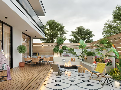 Outdoor Garden Space With Wooden Deck Plants Fire Pit And Seating Furniture 3d model