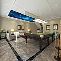 Modern Billiard Room With Starry Sky Ceiling Chandelier Sofa Coffee Table And Green Plant