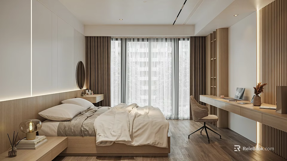 Modern Bedroom Interior Design With Wooden Bed Nightstand Desk Chair Large Windows And Curtains 3d model 