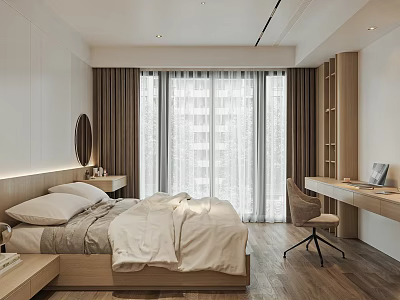 Modern Bedroom Interior Design With Wooden Bed Nightstand Desk Chair Large Windows And Curtains 3d model
