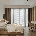 Modern Bedroom Interior Design With Wooden Bed Nightstand Desk Chair Large Windows And Curtains