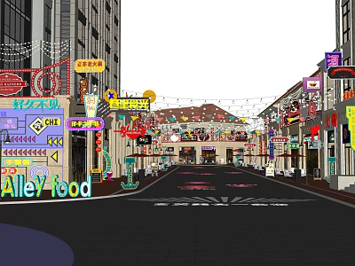 Vibrant Commercial Food Alley Landscape With Colorful Neon Signs And Storefronts 3d model
