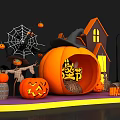 Halloween Party Decorations With Pumpkins Witch Hat Spider Web And House Models 3d model