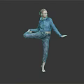 Woman In Blue Shirt And Blue Jeans Balancing On One Leg Against Gray Background
