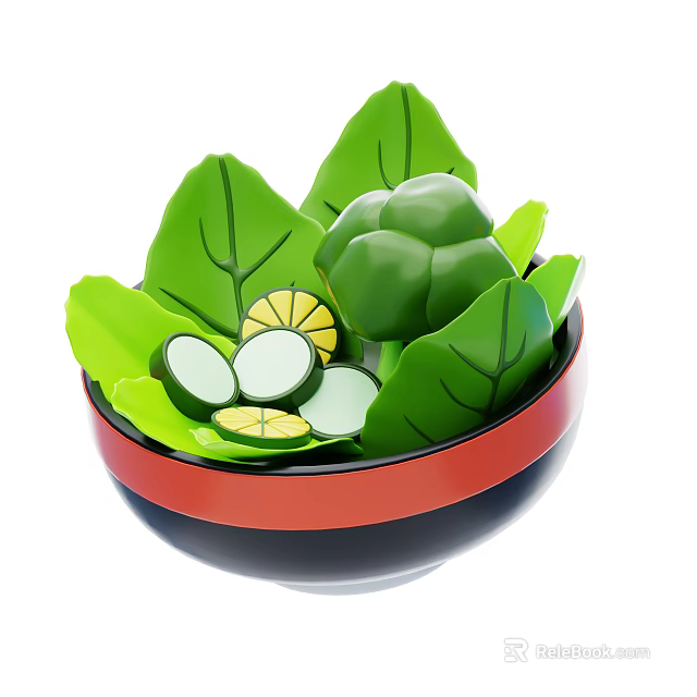 Fresh Green Vegetables in Red Rimmed Black Bowl with Leafy Greens Broccoli and Sliced Cucumber 3d model 