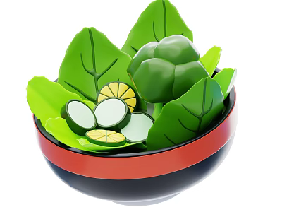 Fresh Green Vegetables in Red Rimmed Black Bowl with Leafy Greens Broccoli and Sliced Cucumber 3d model