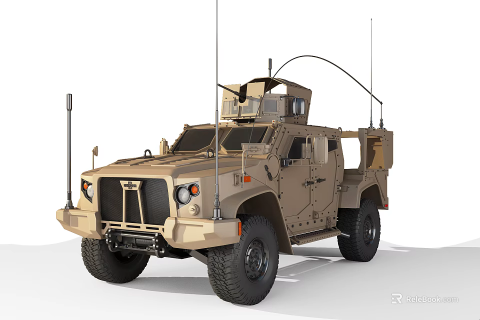 Beige Armored Tactical Utility Vehicle With Roof Mounted Antennas And Off Road Capability 3d model 