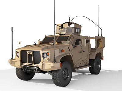 Beige Armored Tactical Utility Vehicle With Roof Mounted Antennas And Off Road Capability 3d model