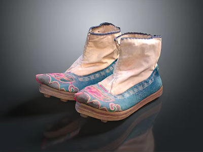 Traditional Chinese Embroidered Shoes With Blue Cloth Upper Pink Patterns And Wooden Soles 3d model