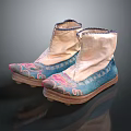 Traditional Chinese Embroidered Shoes With Blue Cloth Upper Pink Patterns And Wooden Soles
