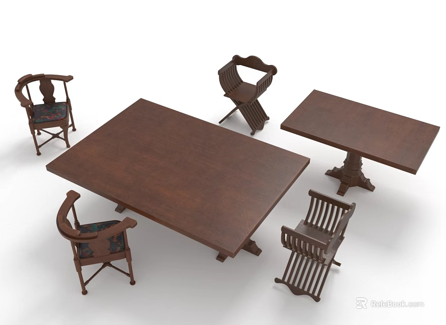 Solid Wood Table and Chair Set with Rectangular Table and Four Dining Chairs 3d model 