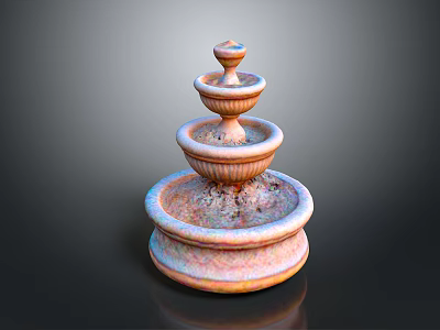 Three Tiered Decorative Fountain With Orange And White Carved Stone Design 3d model