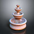 Three Tiered Decorative Fountain With Orange And White Carved Stone Design