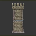 Medieval Style Brick Tower With Crenellated Top Multi Colored Bricks And Blue Accent Band