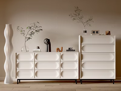 Modern Entryway Console Table and Side Cabinet with White Drawers Decorative Plants and Photo Frames 3d model