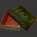 Carved Book Covers With Red And Green Designs Featuring Decorative Patterns And Titles