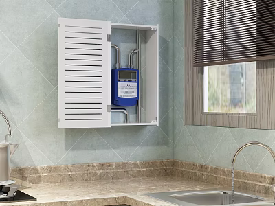 White Wall Mounted Decorative Cabinet with Louvered Door in Kitchen Light Tiled Wall Window Blinds 3d model