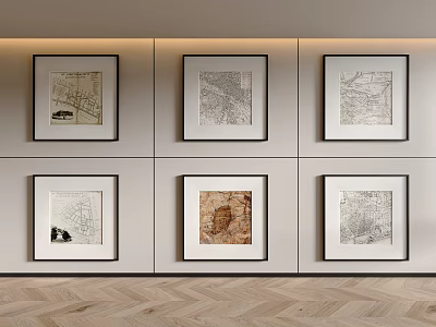 Framed Artwork Wall Display With Six Pieces In Two Rows Three Columns On Light Background 3d model