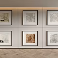 Framed Artwork Wall Display With Six Pieces In Two Rows Three Columns On Light Background