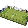 Fenced Soccer Field With Green Turf White Lines Goalposts And Advertising Boards