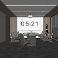 Modern Conference Room With Large Windows City View Digital Clock Long Meeting Table And Chairs
