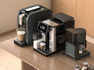 Modern Coffee Makers on Kitchen Countertop with Coffee Cups and Capsules 3d model
