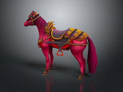 Ornate Traditional Saddle Equipment With Golden Patterns And Purple Decorations On Pink Horse 3d model