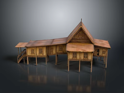 Traditional Wooden Building With Stilt Structure Pitched Roof Carved Details And Multi Gabled Design 3d model