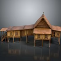 Traditional Wooden Building With Stilt Structure Pitched Roof Carved Details And Multi Gabled Design
