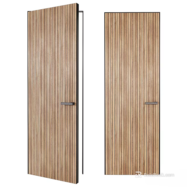 Modern Wooden Hinged Doors With Vertical Slats And Metal Handles 3d model 