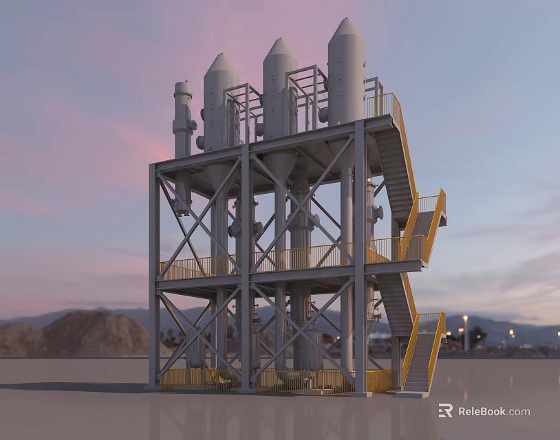 Outdoor Industrial Equipment with Conical Towers Metal Frame Yellow Stairs and Platforms Against Sunset Sky 3d model 