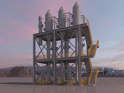 Outdoor Industrial Equipment with Conical Towers Metal Frame Yellow Stairs and Platforms Against Sunset Sky 3d model