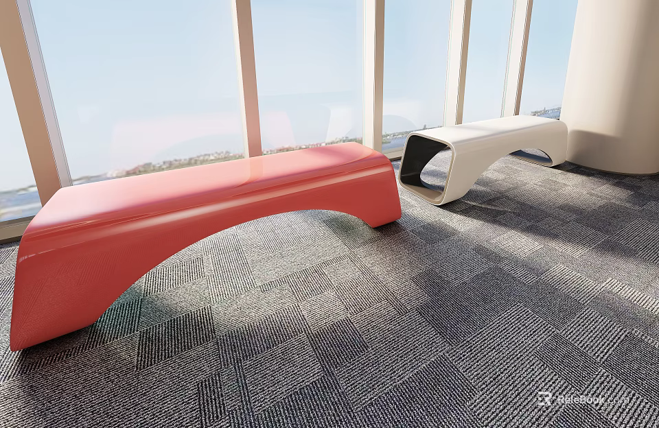 Modern Red And White Public Chairs In Indoor Space With Large Windows And Gray Carpet 3d model 