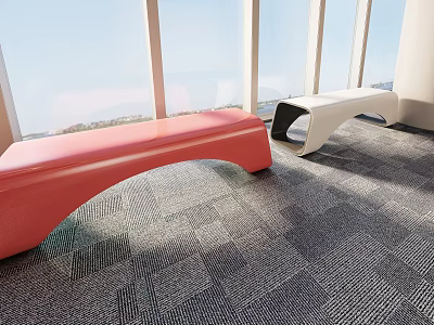 Modern Red And White Public Chairs In Indoor Space With Large Windows And Gray Carpet 3d model